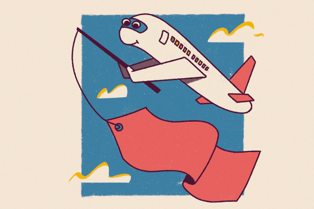 Ilustração de um avião antropomorfizado pescando uma faixa no ar.