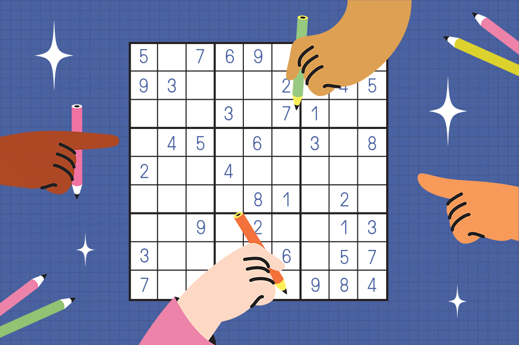 Tabuleiro de sudoku com ilustrações de mãozinhas com lápis indo fazê-lo.