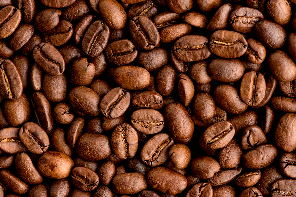 Foto aproximada de diversos grãos de café.