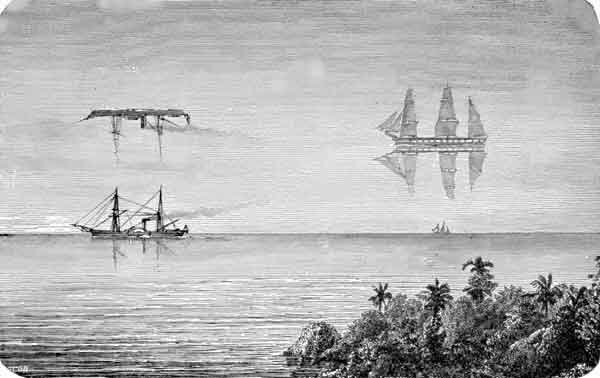 Ilustração do século 19 do efeito Fata Morgana, com navios ilustrados flutuando no céu de ponta-cabeça.