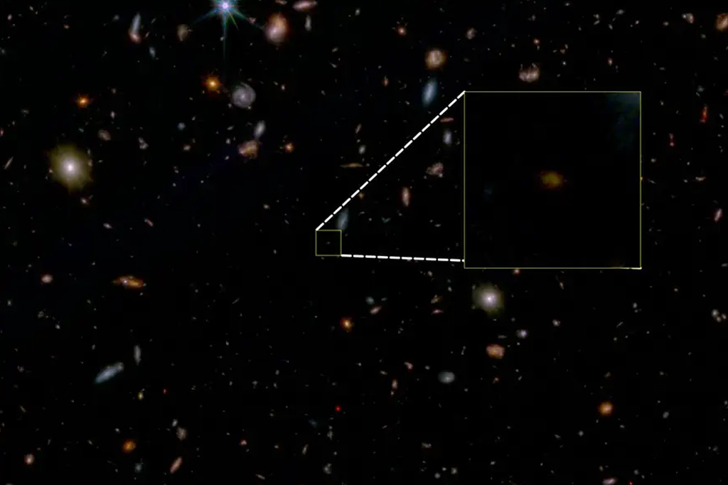 Identificação do Telescópio Espacial James Webb em meio a galáxias distantes.