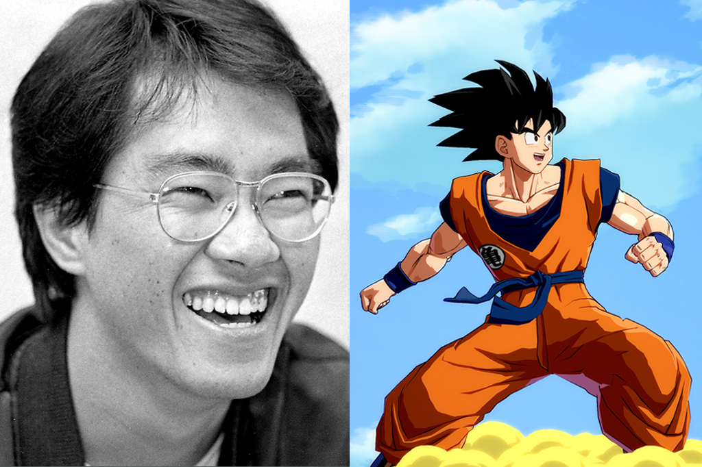 À esquerda, Akira Toriyama e, à direita o personagem Goku, da série Dragon Ball.