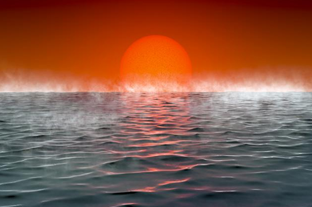 Representação artística de um oceano com água fervendo diante do sol.