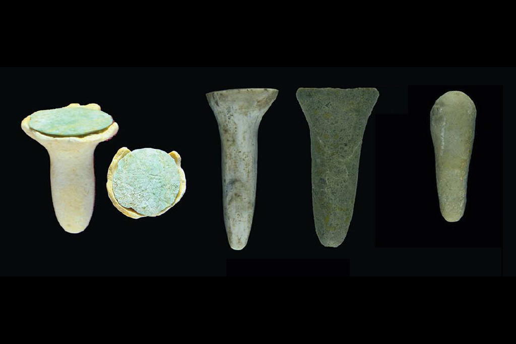 Uma variedade de artefatos antigos que se acredita serem piercings labiais.