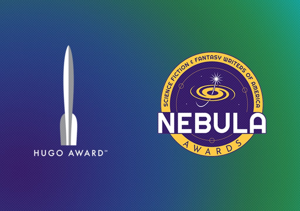 Os dois logotipos das premiações Hugo e Nebula lado a lado, em fundo de cor em degradê azul e verde.