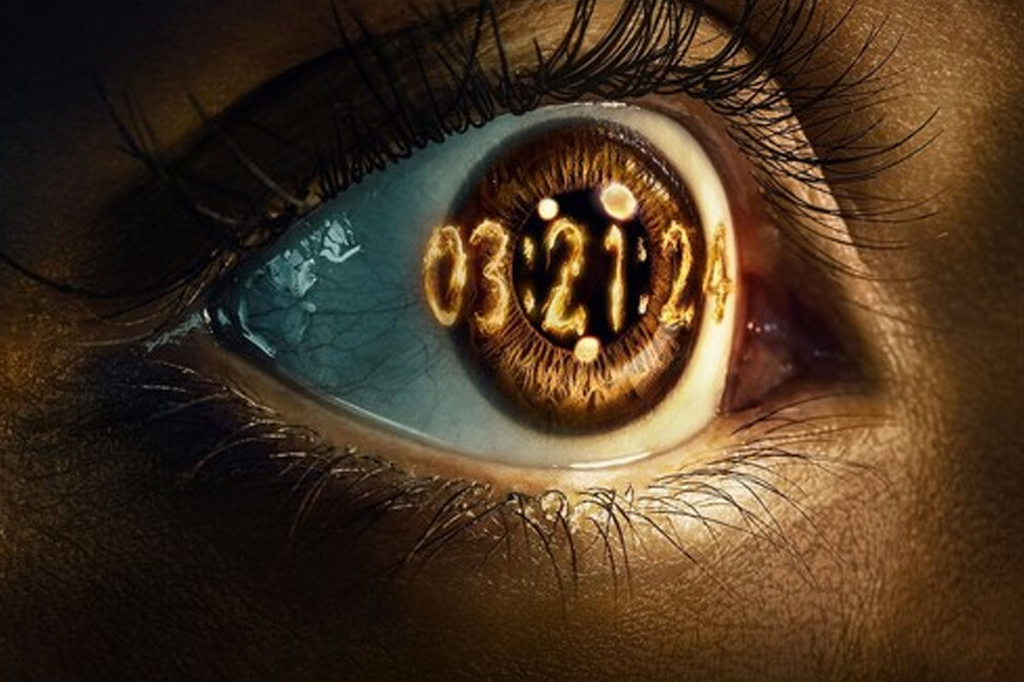 Imagem de divulgação da série O Problema dos Três Corpos (2024), na qual há um olho e aberto e a data vinte e um de março de dois mil e vinte quatro sobre a imagem.
