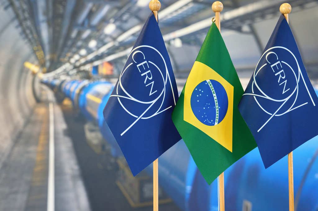 À medida que o Brasil se torna Estado Membro Associado do CERN, a bandeira brasileira é fotografada junto com a bandeira do CERN.