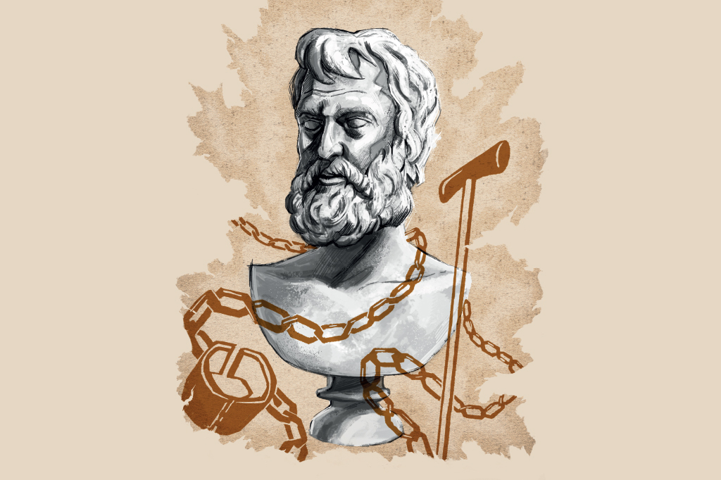 Busto de Epicteto, com elementos para remeter a sua vida, sendo correntes pesadas e bengala.