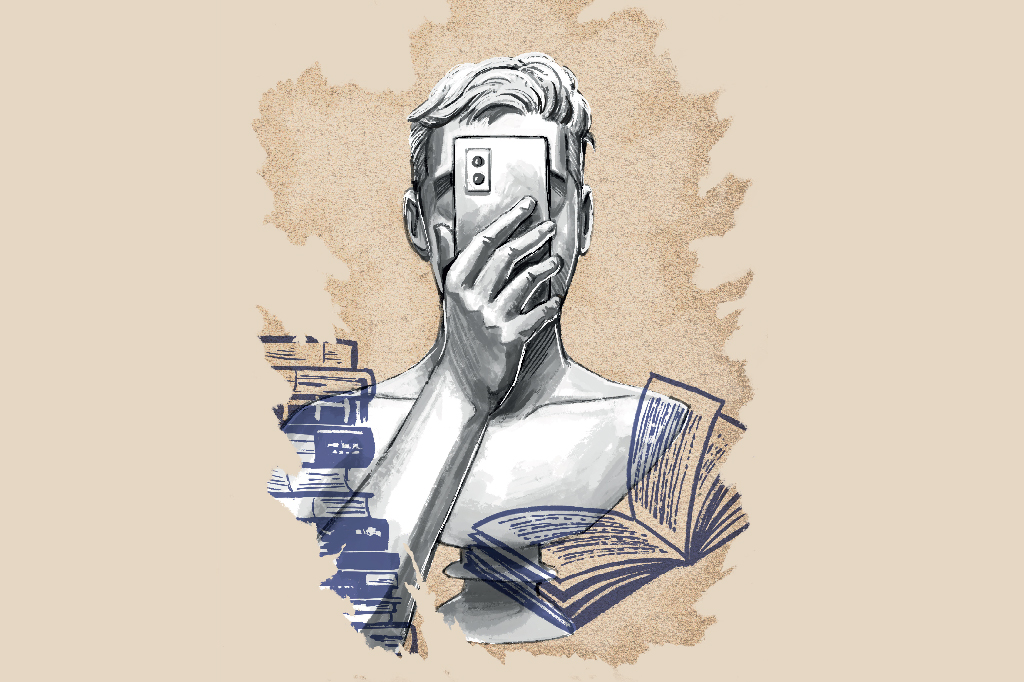 Busto de uma pessoa moderna, utilizando smartphone para consumir conteúdos sobre estoicismo, cercados de livros.
