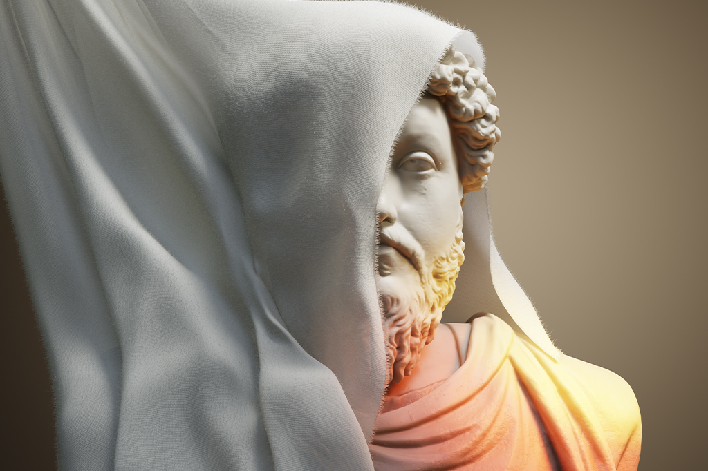 Busto de um filósofo estoico grego, sendo descoberto embaixo de um tecido branco.