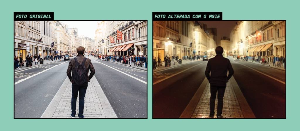 SI_461_IA_site-Micros4 Arte com duas imagens, uma delas sendo uma foto original de uma pessoa parada no meio da rua durante o dia, e a outra sendo a mesmo foto editada pelo MGIE, transformando o dia em noite.