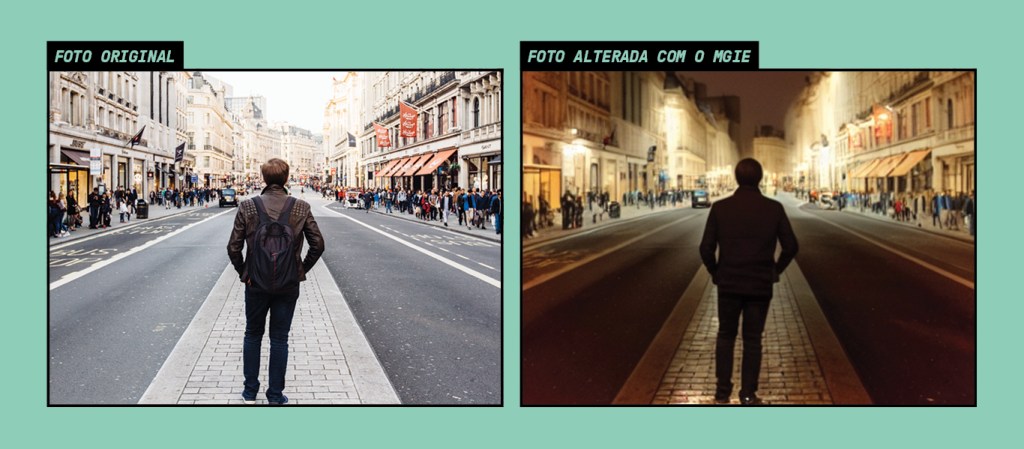 Arte com duas imagens, uma delas sendo uma foto original de uma pessoa parada no meio da rua durante o dia, e a outra sendo a mesmo foto editada pelo MGIE, transformando o dia em noite.