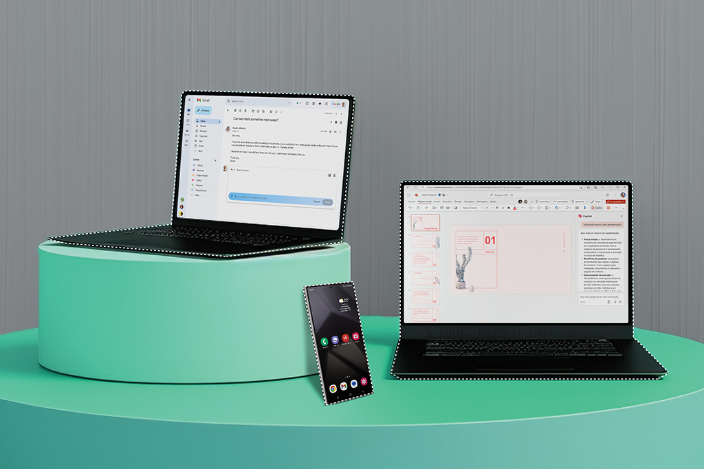 Ilustração 3D de dois computadores, um com uma tela do Gmail e outro do PowerPoint, e um Samsung Galaxy S24.