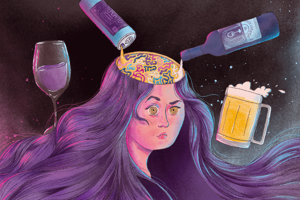 Ilustração de garrafas de bebida virando o líquido dentro da cabeça de uma mulher.
