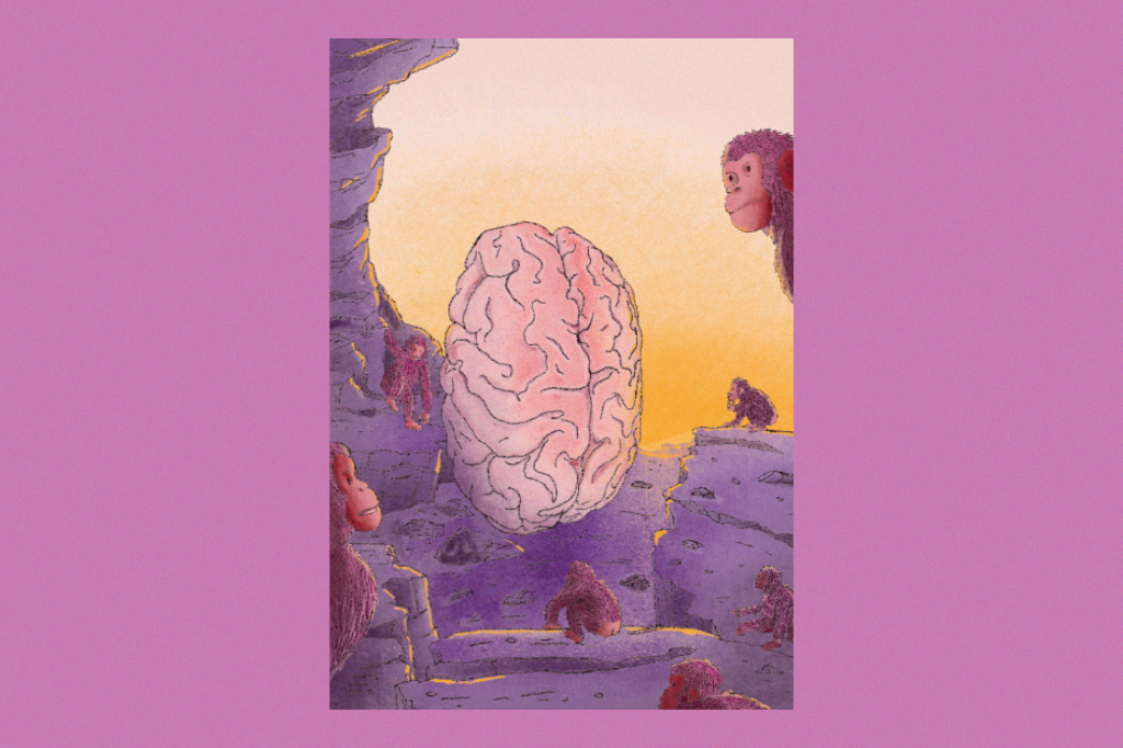 Releitura da cena do monolito em 2001: Uma Odisseia no Espaço; mas ao invés do monolito, um cérebro gigante.