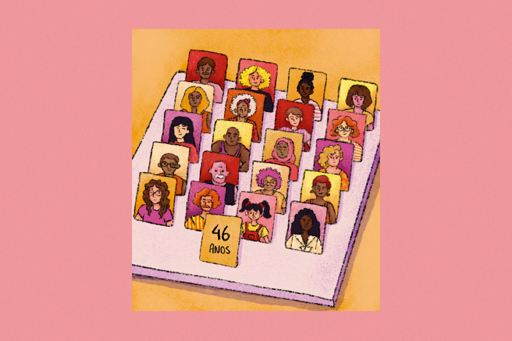 Ilustração do tabuleiro do jogo "Cara a Cara" mas a ficha principal, ao invés de foto, há o escrito de uma idade.