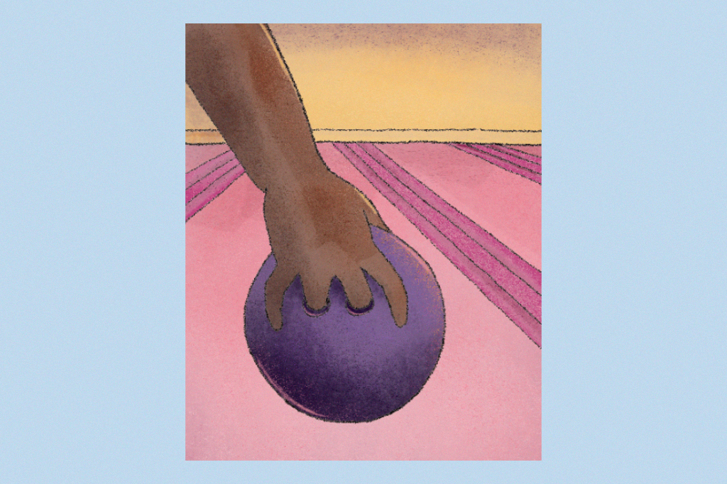 Ilustração mostrando o jeito certo de segurar uma bola de boliche, com o polegar na direção dos pinos.