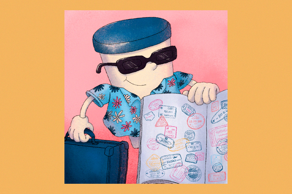 Ilustração de um requeijão mostrando seu passaporte com vários carimbos.