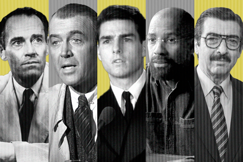 Montagem com personagens dos filmes 12 Homens e Uma Sentença (1957), Anatomia de um Crime (1959), Questão de Honra (1992), Hurricane – O Furacão (1999) e Argentina, 1985 (2022).