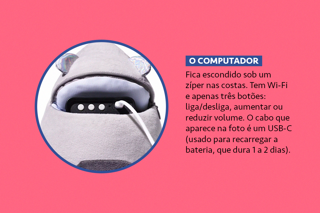 Foto aproximada mostrando o computador interno do Imagem do boneco Curio Grok e ao lado direita uma legenda sobre.
