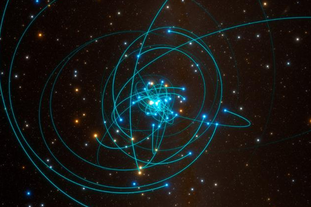 Esta ilustração mostra as órbitas de estrelas muito próximas de Sagitário A*, um buraco negro supermassivo no coração da Via Láctea.