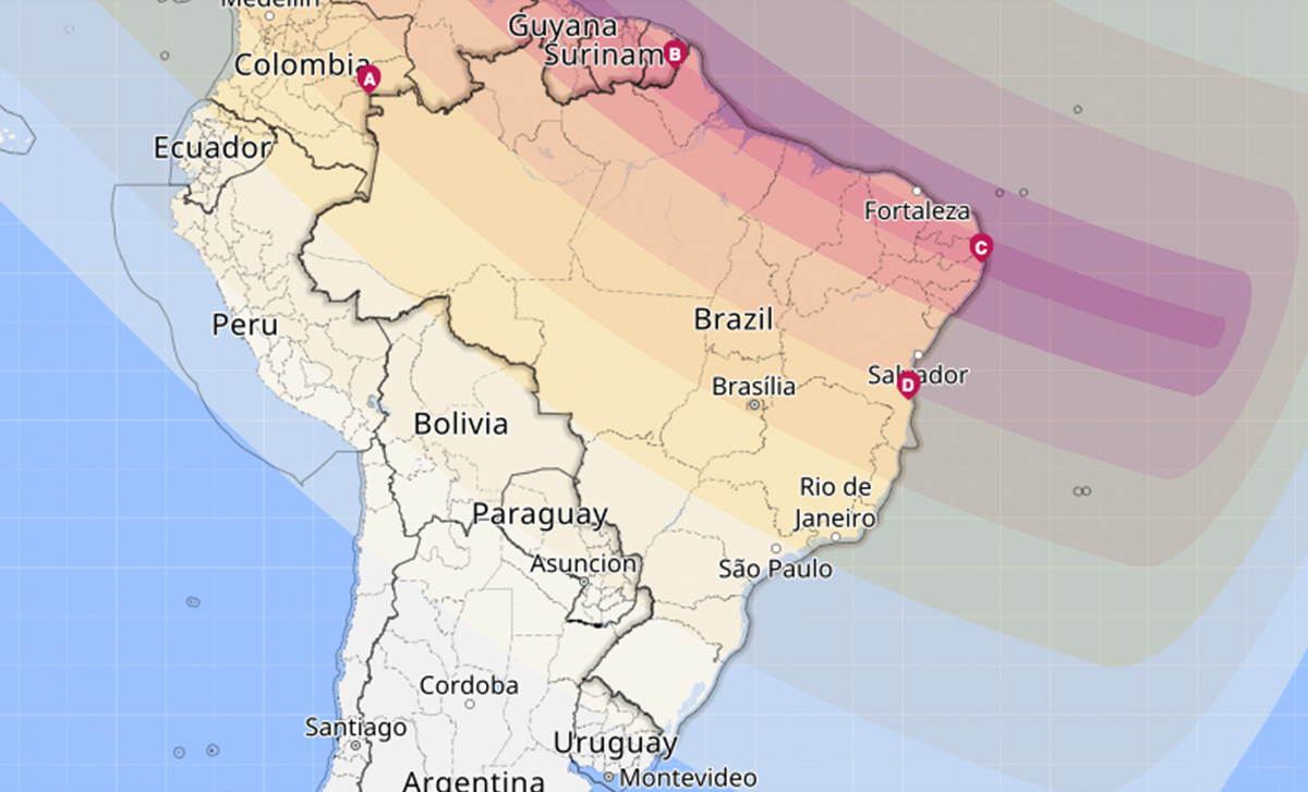 Mapa que mostra onde e quando o eclipse solar será visível no Brasil.