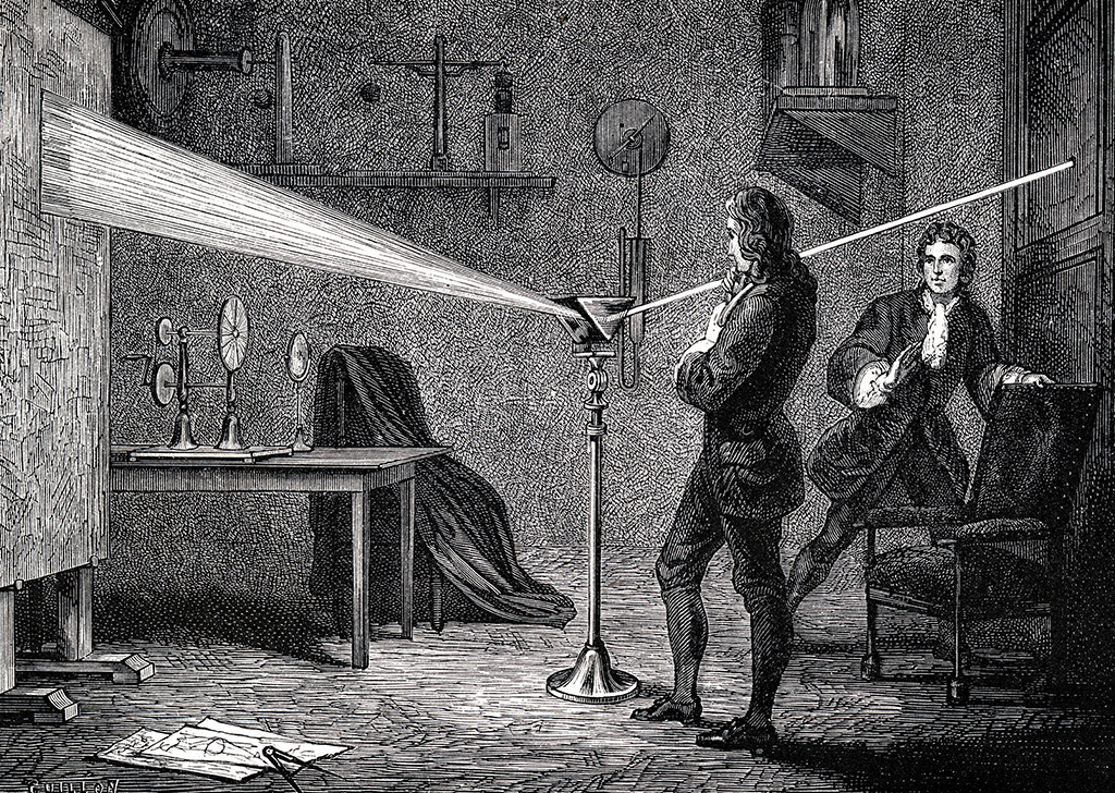 Isaac Newton usando prisma para dividir a luz branca em espectro.