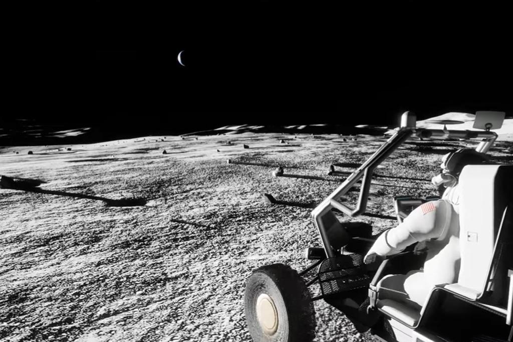 Imagem de um astronauta dirigindo um carro que está andando sobre a superfície da Lua.
