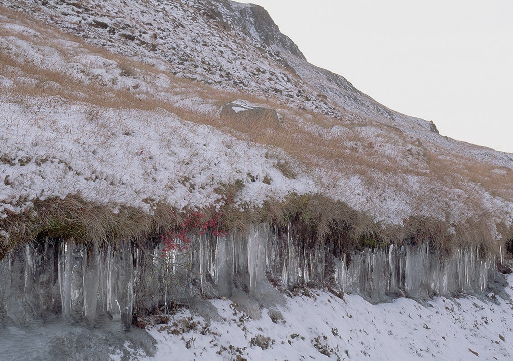 Pingentes de gelo formados a partir da água derretida do permafrost circundam um corte na terra.