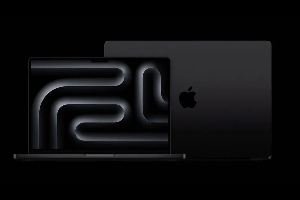Imagem de um notebook da Apple visto pela sua parte fronteira, com a tela projetando uma imagem de cor preta e branca, e traseira, com o logotipo da maçã.