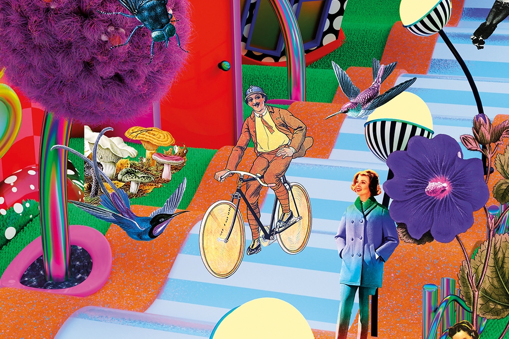 Colagem de elementos abstratos e uma pessoa pedalando no centro.