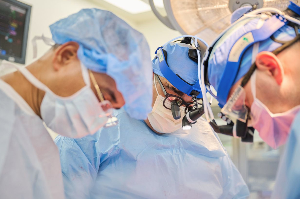 Nader Moazami, MD, diretor cirúrgico (centro) de transplante de coração do NYU Langone Transplant Institute, lidera a equipe cirúrgica enquanto o coração de porco geneticamente modificado é transplantado para um doador recentemente falecido na NYU Langone Health na quarta-feira, 6 de julho de 2022, em Nova York , Nova York.