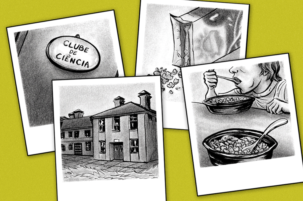 Polaroids ilustradas de momentos do caso envolvendo o cereal radioativo: fachada da escola, placa do clube de ciências, foco na caixa de cereal e uma criança ingerindo o cereal.