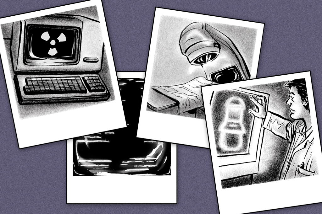 Polaroids ilustradas de momentos do caso envolvendo a Therac-25: computador com símbolo de radioatividade, a máquina em si, um médico acompanhando um exame e uma tela com o erro.