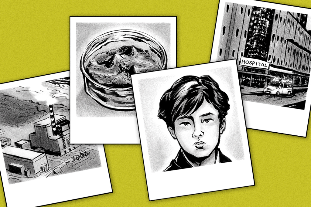 Polaroids ilustradas de momentos do caso envolvendo o balde de urânio: vista aérea da usina, o pó de urânio, um retrato de Hisashi Ouchi e uma fachada de hospital.