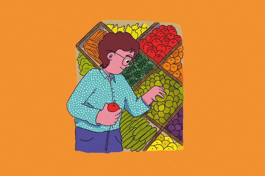 Ilustração de personagem escolhendo vegetais no mercado.
