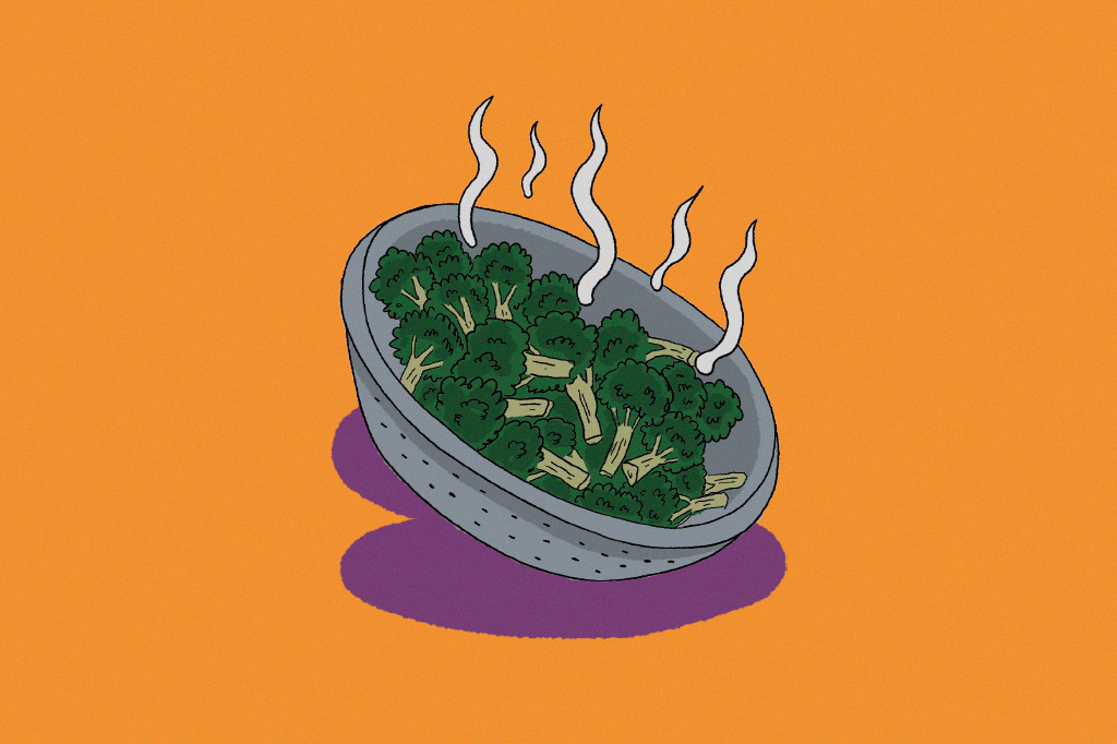 Ilustração de brócolis no prato soltando fumacinha..