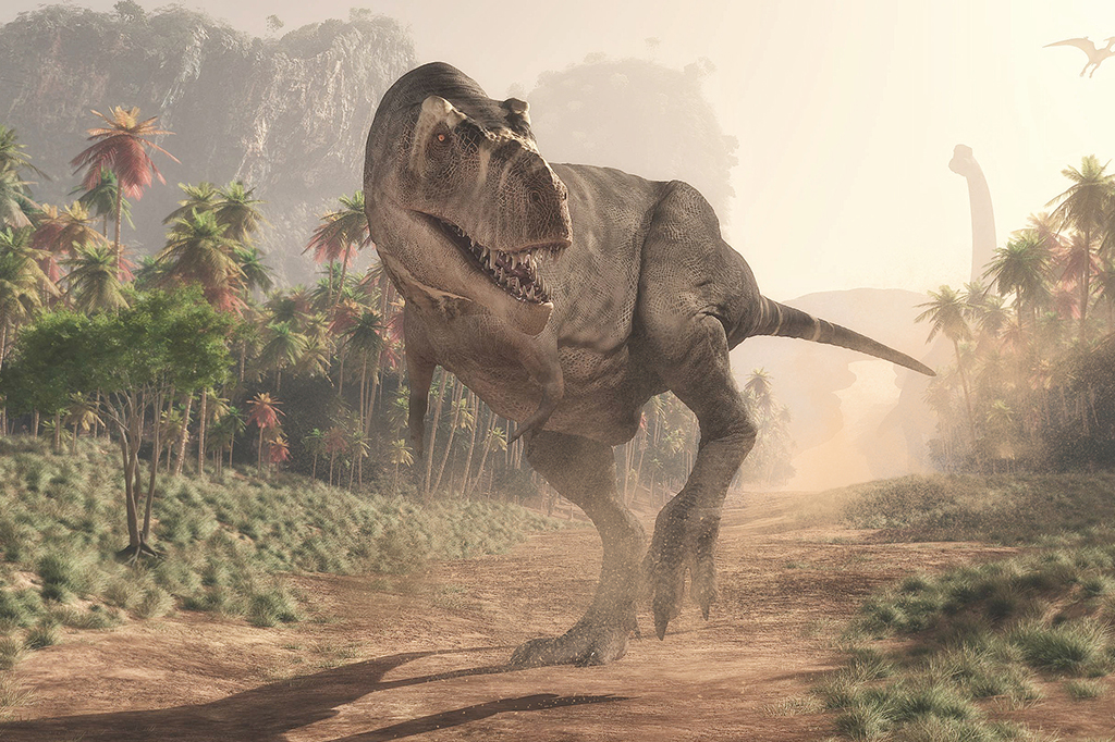 Renderização 3D de um Tiranossauro Rex.