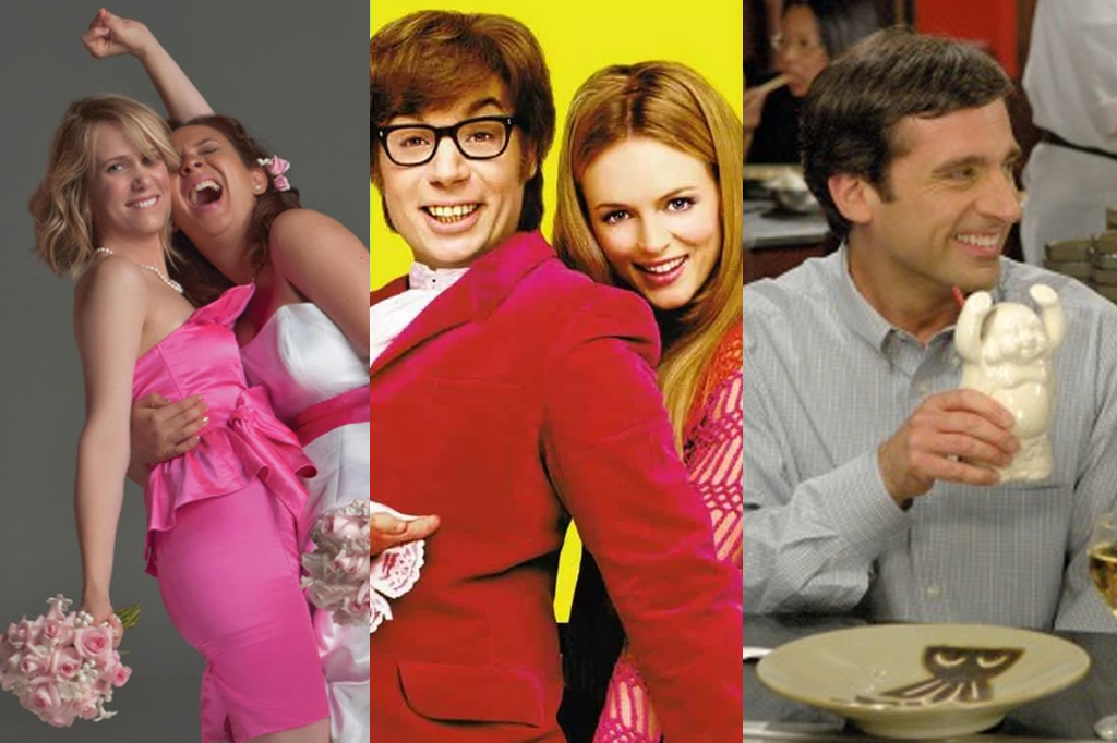 Da esquerda à direita: Missão Madrinha de Casamento (2011), Austin Powers - O Agente 'Bond' Cama (1999) e O Virgem de 40 Anos (2005).