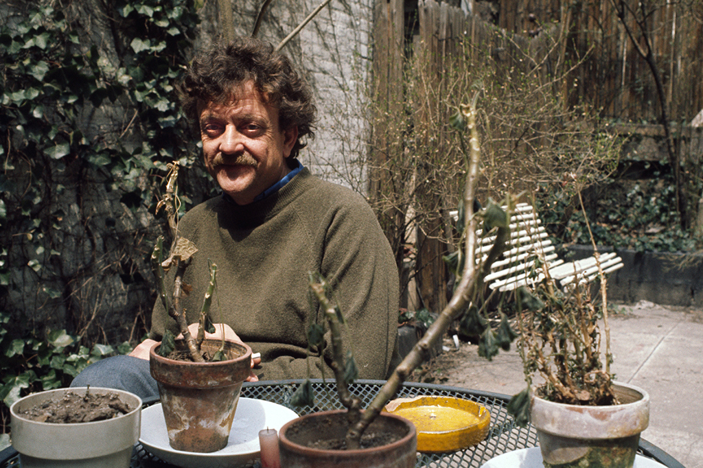 Um homem de cabelos castanhos e bigode sentado atrás de uma mesa com diferentes plantas sobrepostas em um jardim.