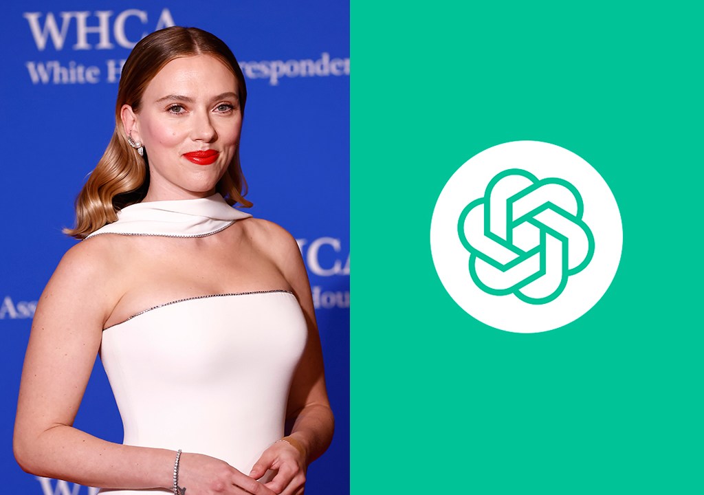À esquerda, Scarlett Johansson e, à direita, o símbolo da empresa Open AI.