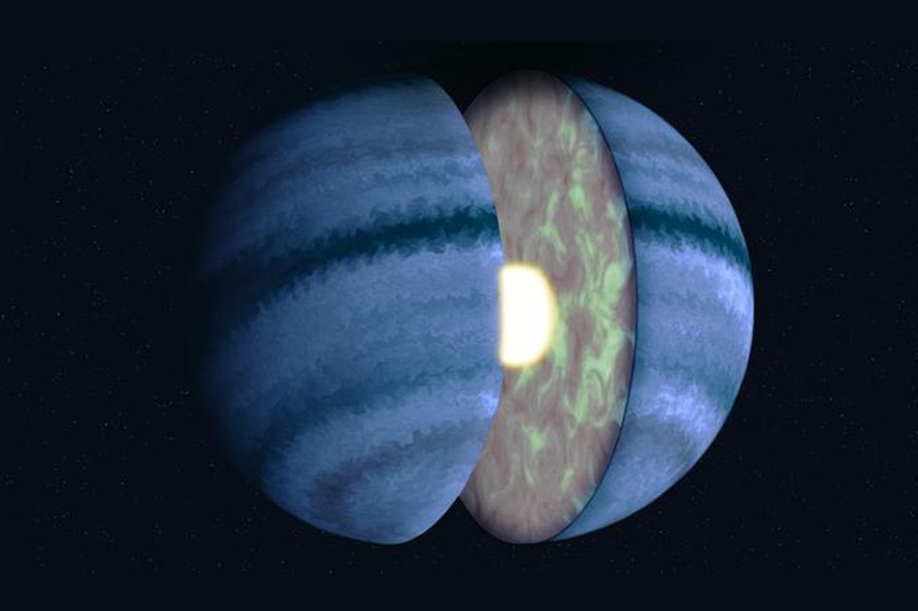 O conceito artístico de WASP-107 b mostra uma mistura atmosférica turbulenta dentro do envelope de gás do planeta.