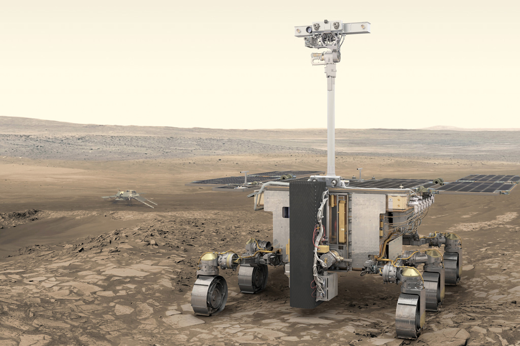 Impressão artística do rover ExoMars da ESA (primeiro plano) e da plataforma científica da Rússia (fundo) em Marte.