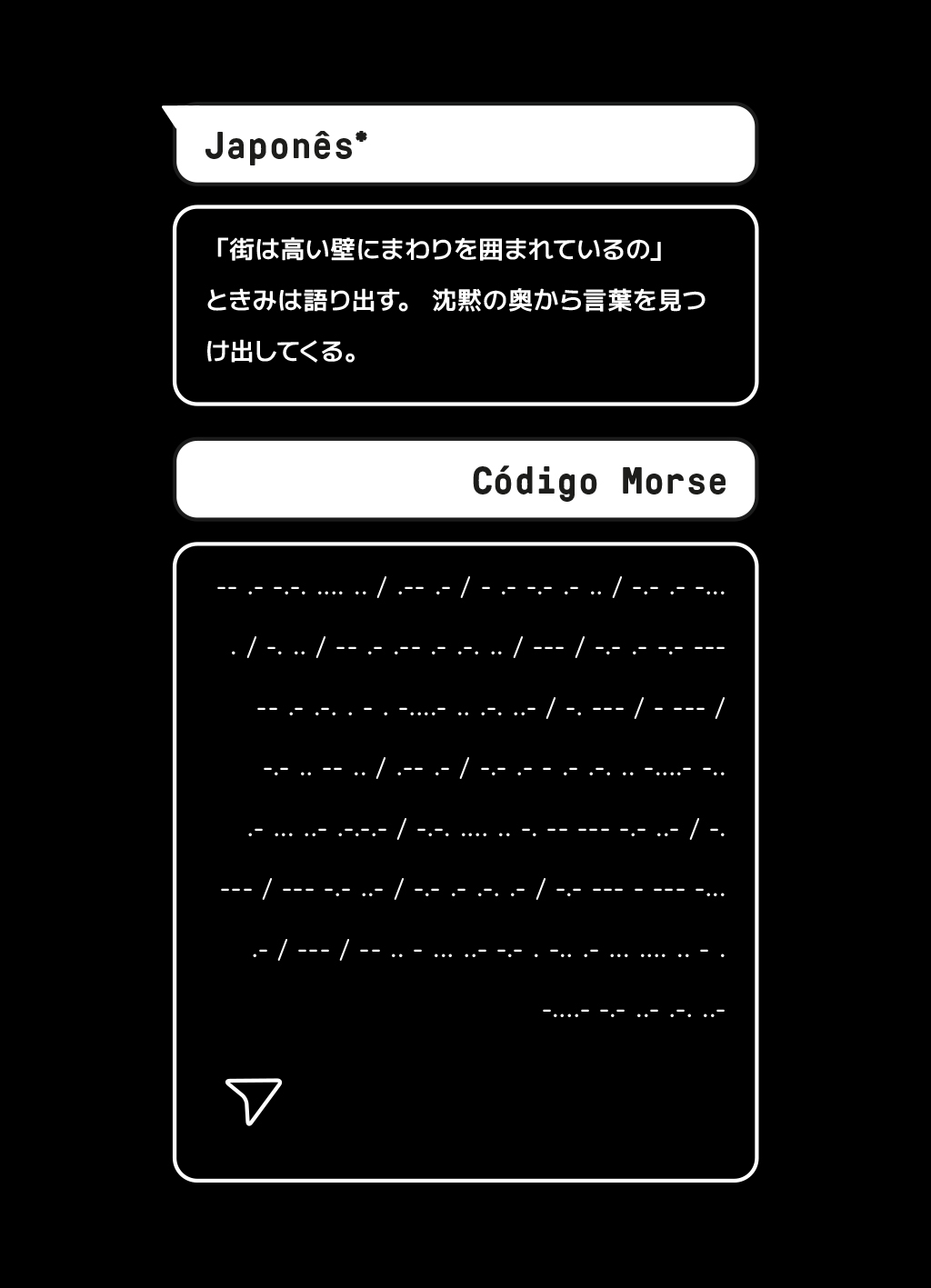 Imagem com balões de tradução da mesma mensagem em japonês e em código Morse.