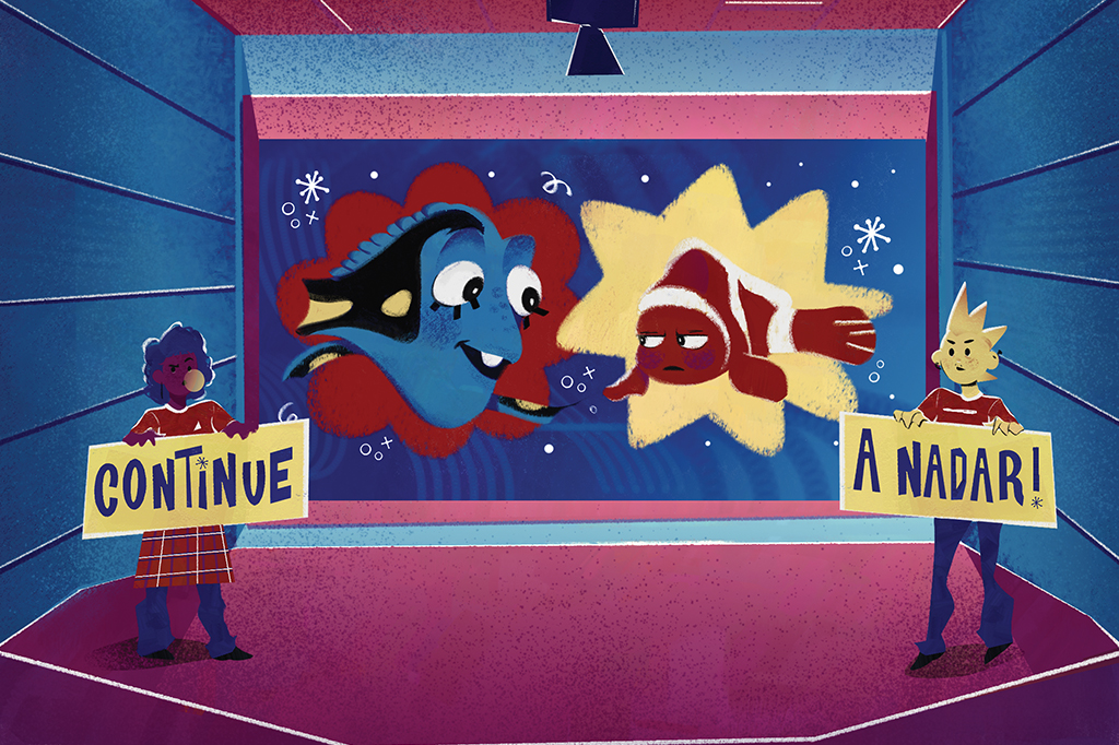 Ilustração de uma sala de cinema com Procurando Nemo passando na tela, enquanto duas pessoas seguram placas com legendas da cena.