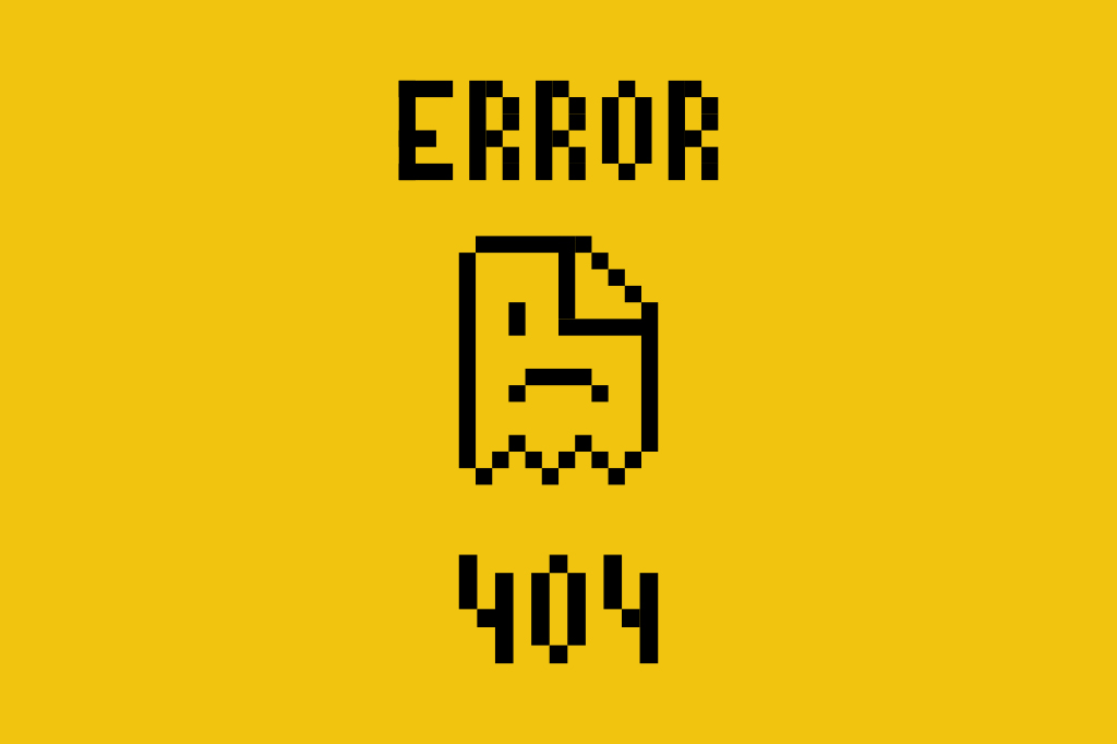 Imagem flat de uma mensagem de "Error 404", em fundo amarelo liso.