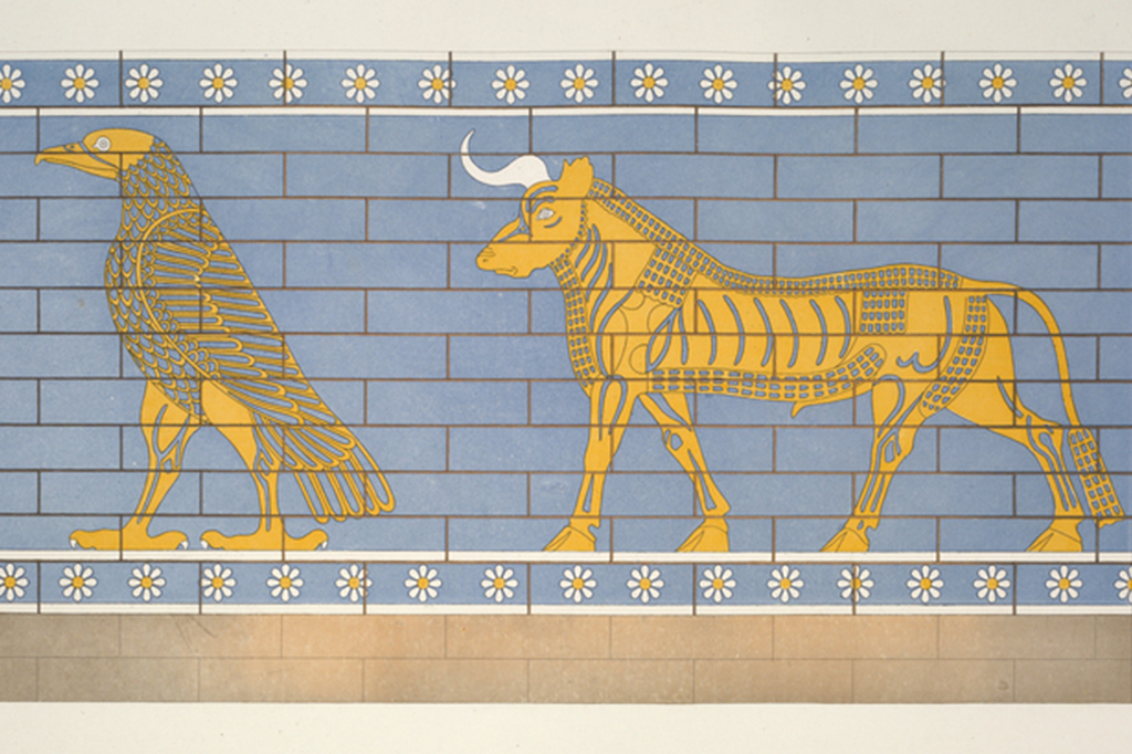 Mural Assírio. Há a ilustração de uma ave e de um animal com chifres.