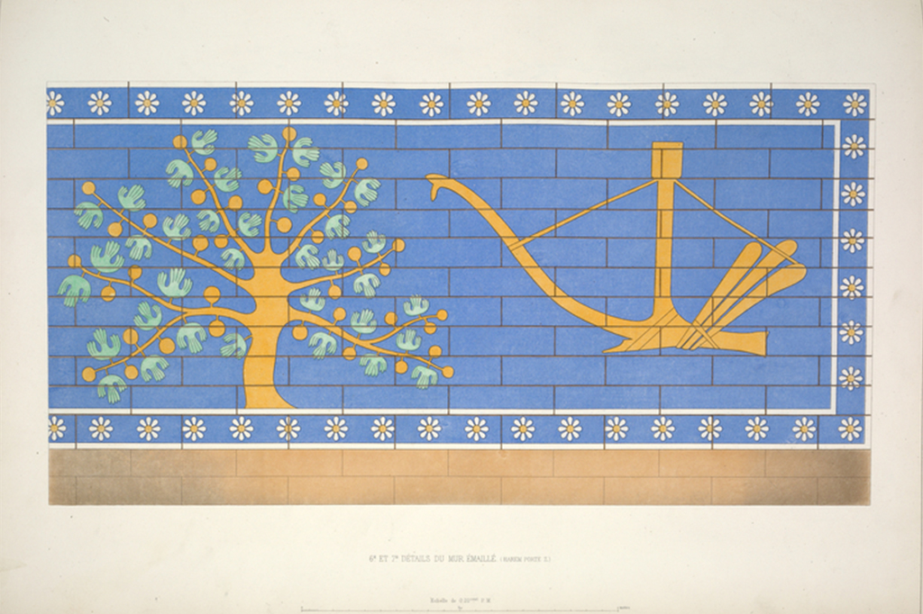 Mural Assírio. Há a ilustração de uma árvore.