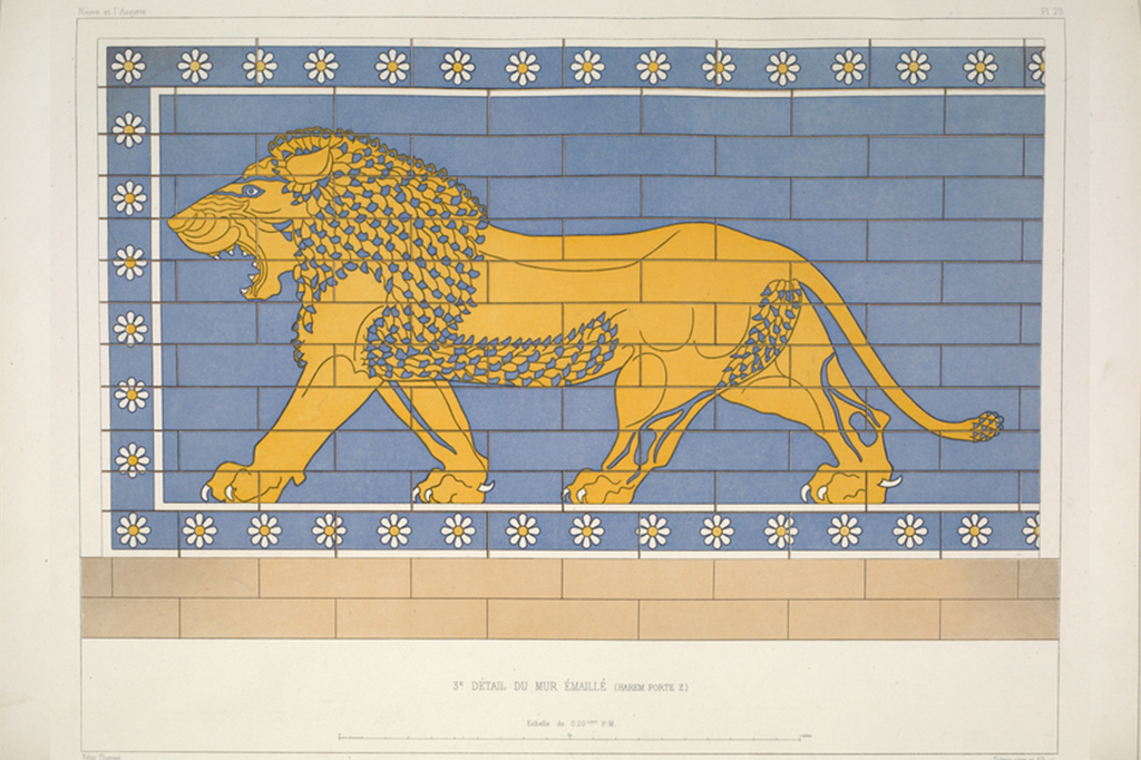Mural Assírio. Há a ilustração de um leão rugindo.