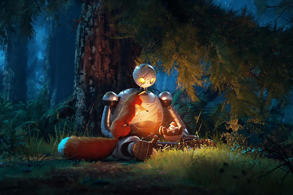 Robô Selvagem (2024). Há a ilustração de um robô segurando um pássaro em suas mãos e uma raposa. Estão em uma floresta durante a noite.